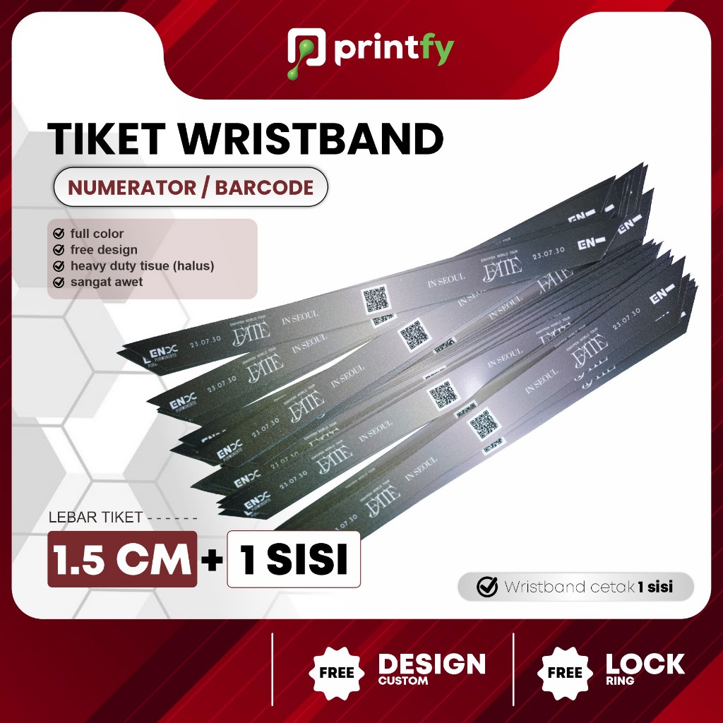

Tiket Wristband Custom + Barcode - 1.5 cm - 1 sisi / Gelang Lanyard / Gelang Konser