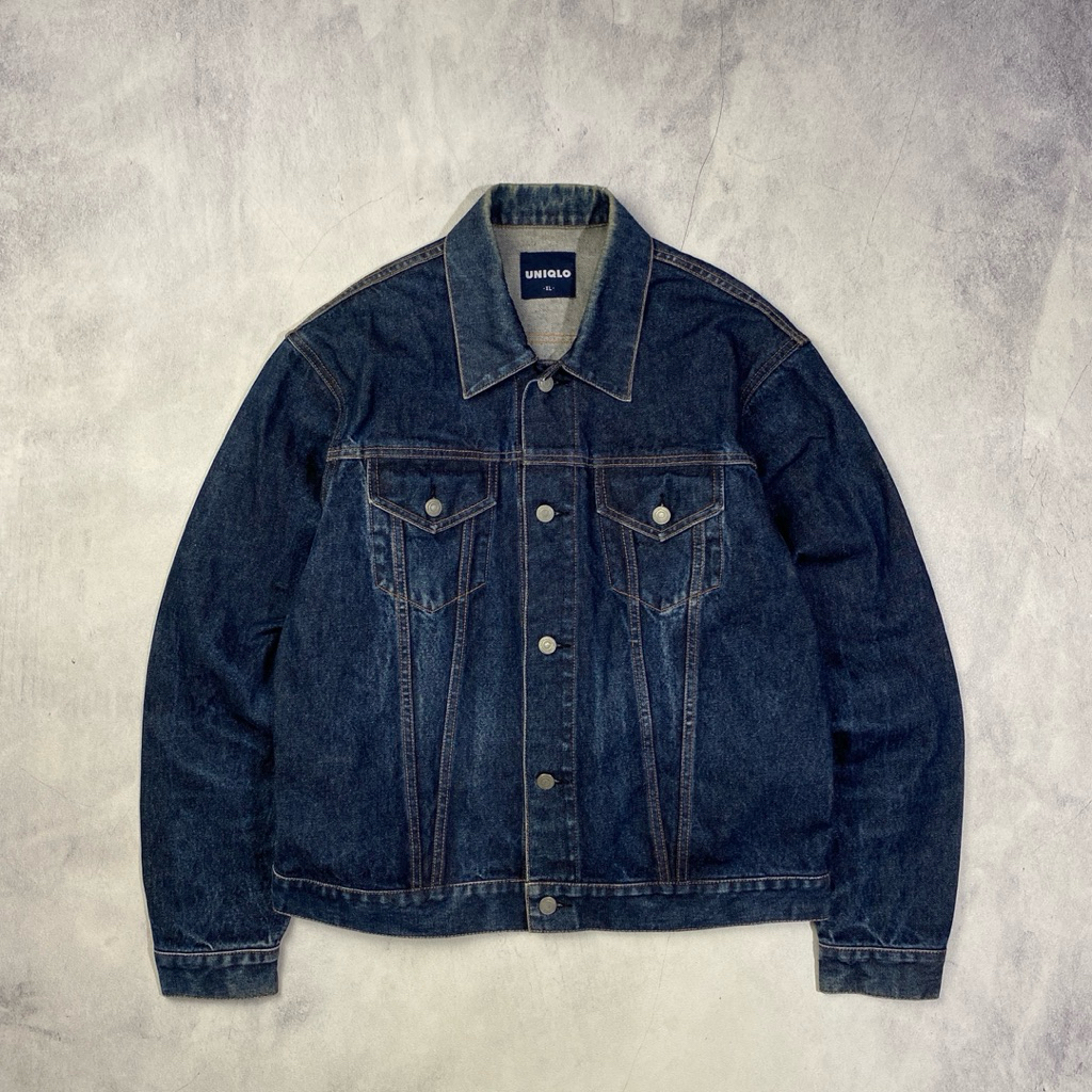 2000s Uniqlo Raw Denim Faded Washed Denim Trucker Jacket Casual Harrington Work Jacket