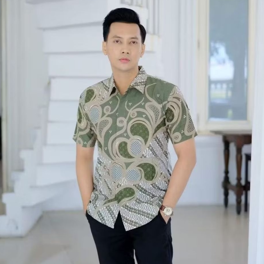 Warna Hijau sage Kemeja Batik Pria Modern Original Slimfit Lengan Pendek Lapis Furing Motif 102 Baju