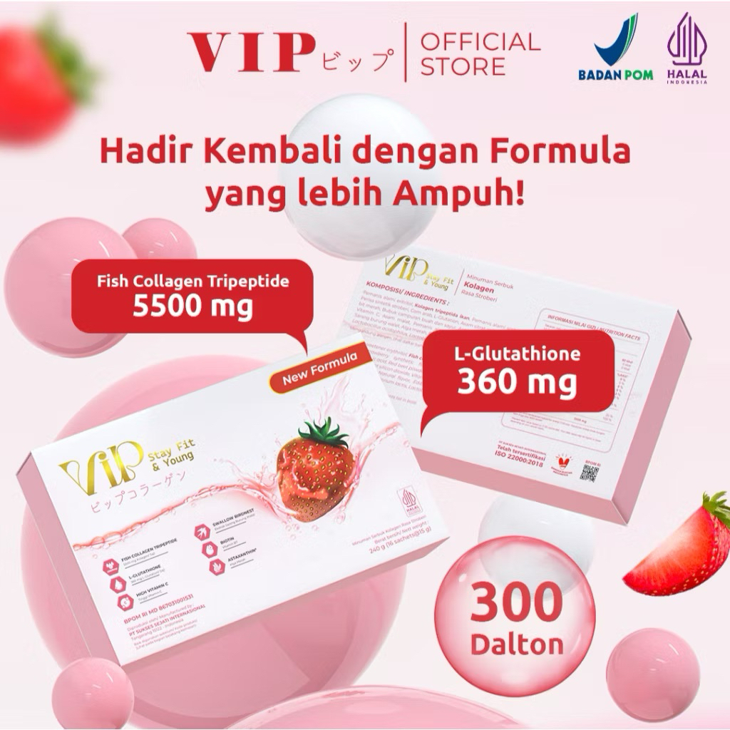 

PROMO! NEW FORMULA VIP COLLAGEN 1 BOX 16 Sachet Kolagen Kulit Kuku Rambut Rasa Strawberry