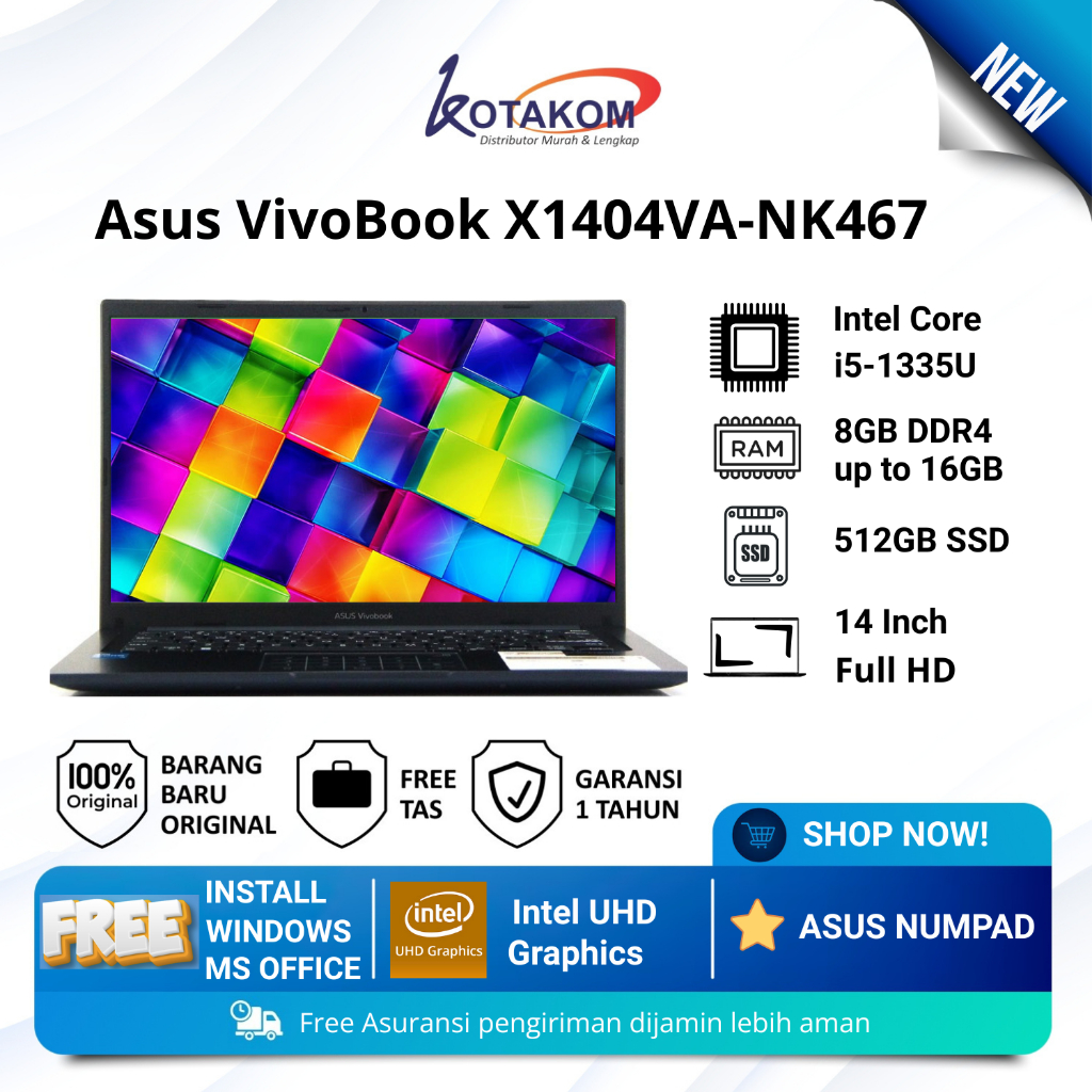 Laptop Baru Asus VivoBook X1404VA-NK467 Intel Core i5-1335U RAM 24GB SSD 512GB Display 14" Asus NumP