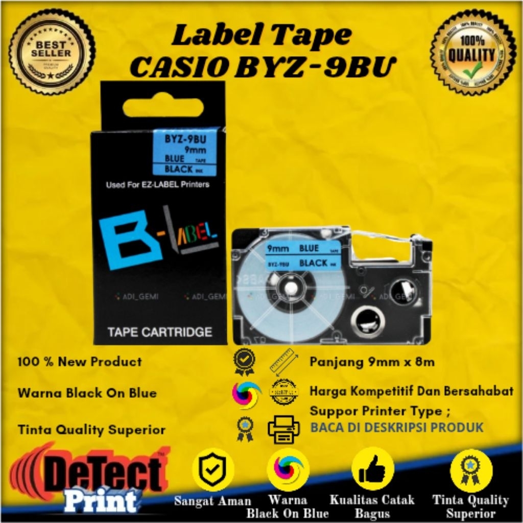 

Label Tape Casio BYZ Black On Blue 9mm x 8m Compatible Label Tape BYZ 9BU