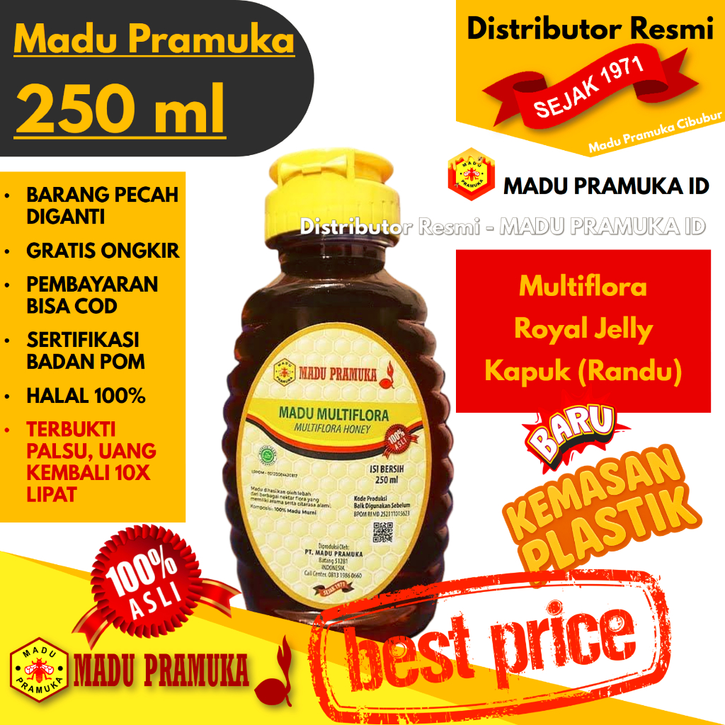 

MADU PRAMUKA 250 ML - Multiflora, Royal Jelly, Kapuk (Randu) - Kemasan Plastik - Asli Original Alami Murni Murah - Resmi Official Store Star Seller