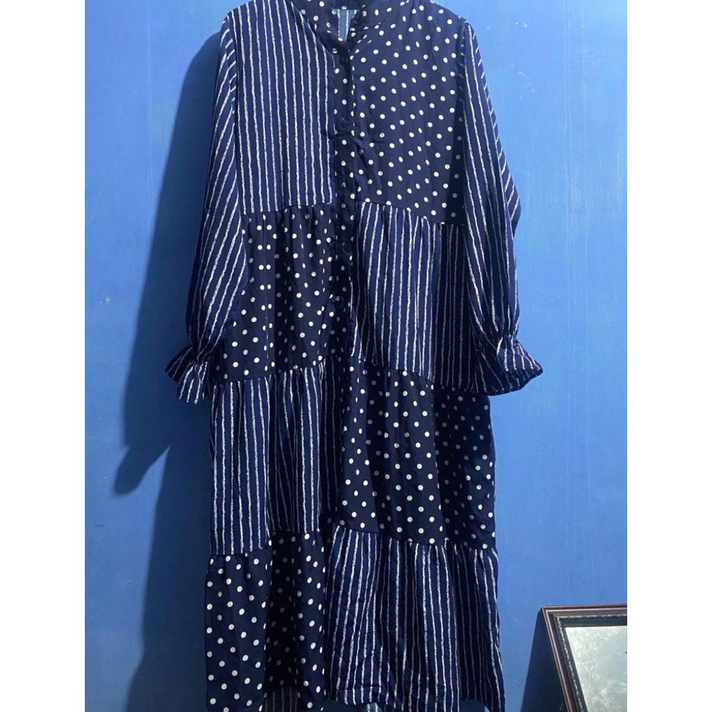 second gamis pulkadot biru dongker