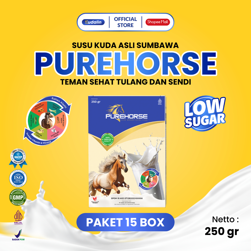 

Purehorse Susu Kuda Liar Sumbawa Asli 100% Untuk Rematik dan Asam Urat Paket 15 box Kemasan 250gr