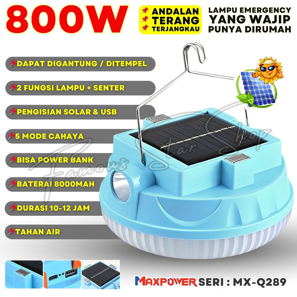 Lampu Senter UFO Cas USB TIpe-C + Solar Panel Surya 800W Tahan 12 Jam Bisa Power Bank Lampu UFO Emer