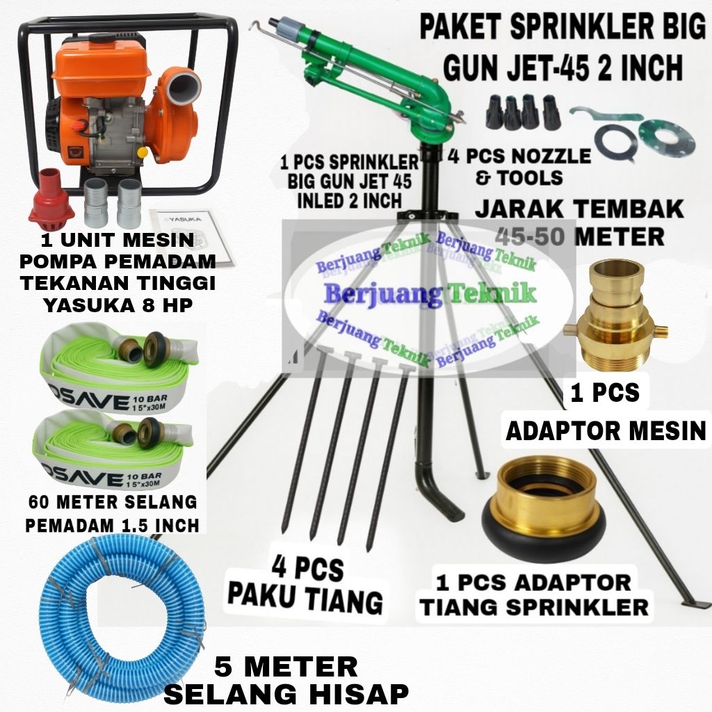 Paket Sprinkler BIG GUN JET 45 Jarak tembak 45-50 Meter Komplit siap pakai Selang 1.5 inch|| Sprinkl
