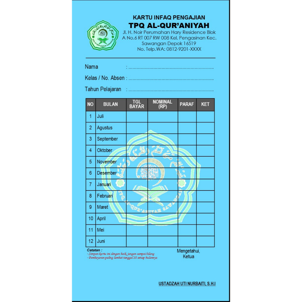 

ES88 CUSTOM KARTU IURAN UK 11X21CM/KARTU INFAQ DLL