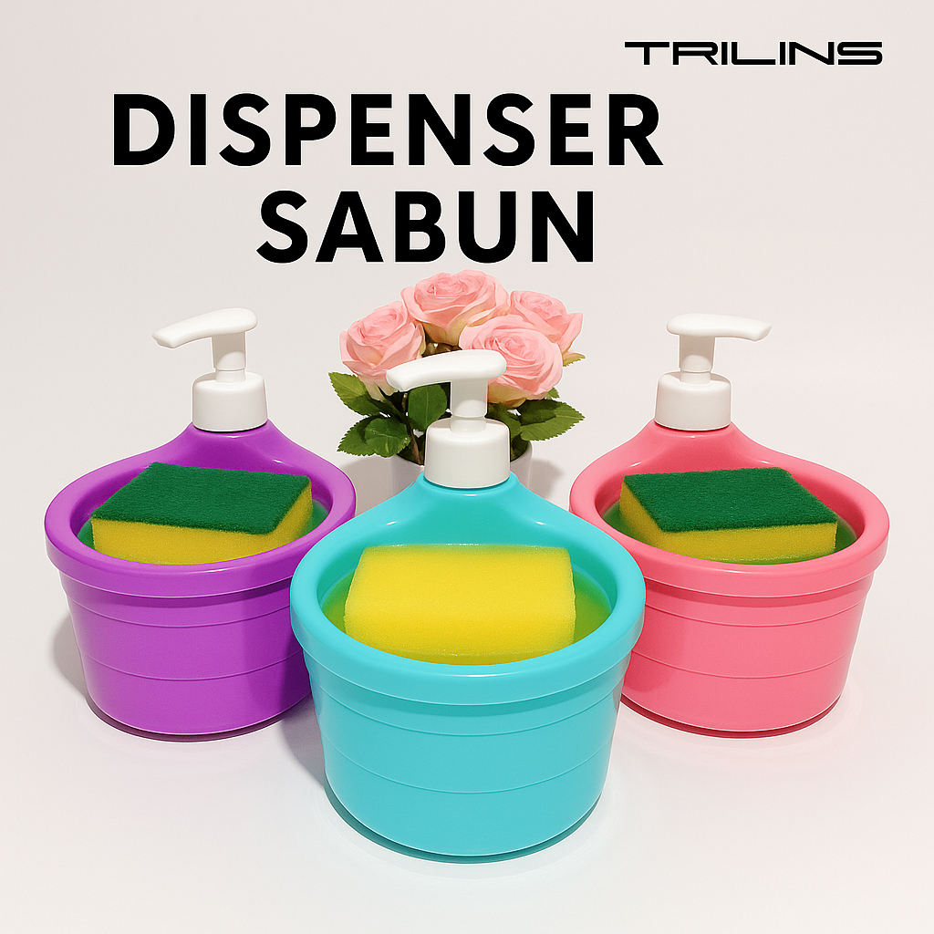 TEMPAT SABUN Bulat 1000ml + Spons Cuci Piring (2in1) Dispenser Sabun Soap Pump Viral MR.DIY Murah