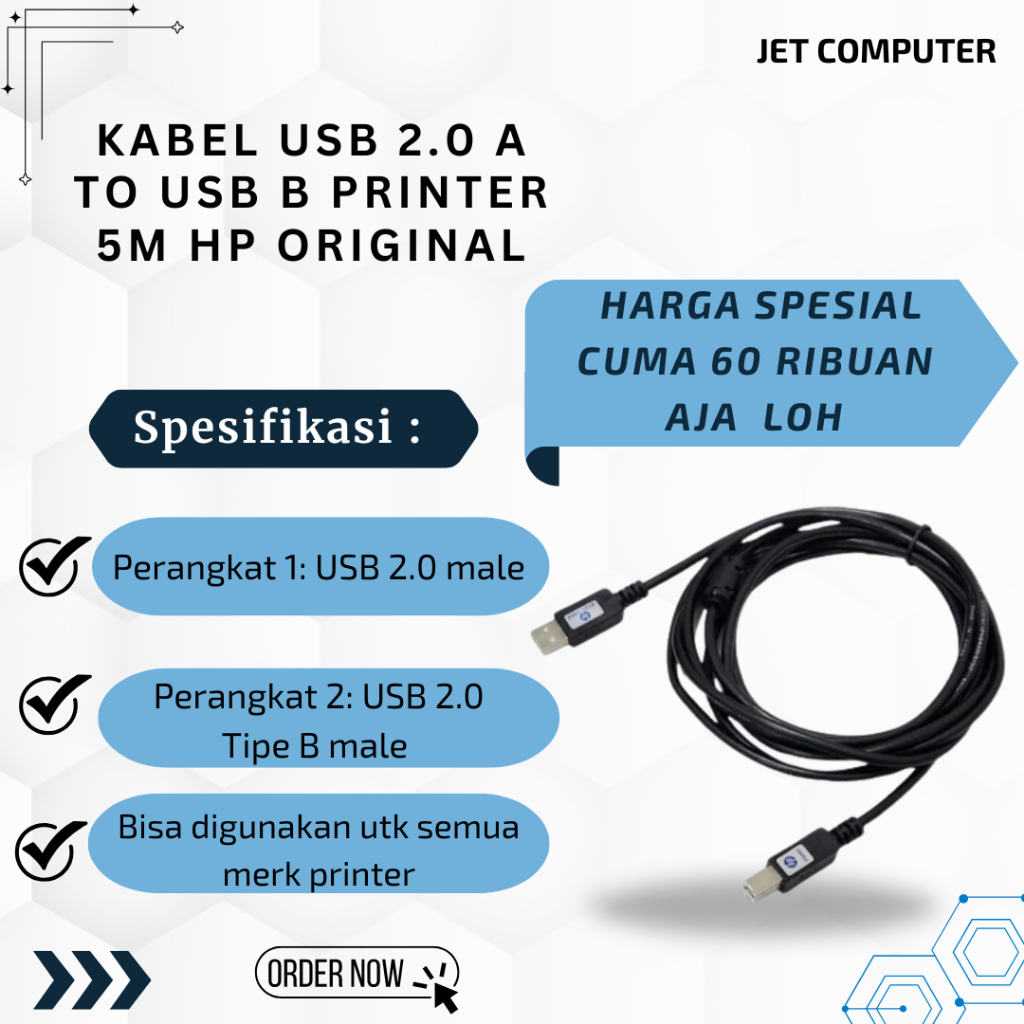 Kabel Printer USB 2.0 A untuk Printer Original 5M HP