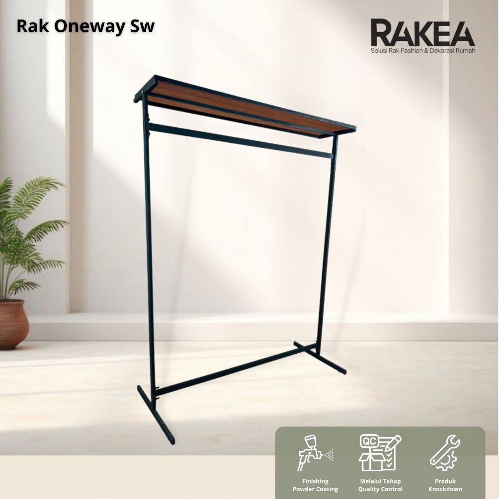 RAK BAJU ONEWAY SW, GAWANG BAJU BESI DAN KAYU, GANTUNGAN BAJU AESTHETIC - RAKEA