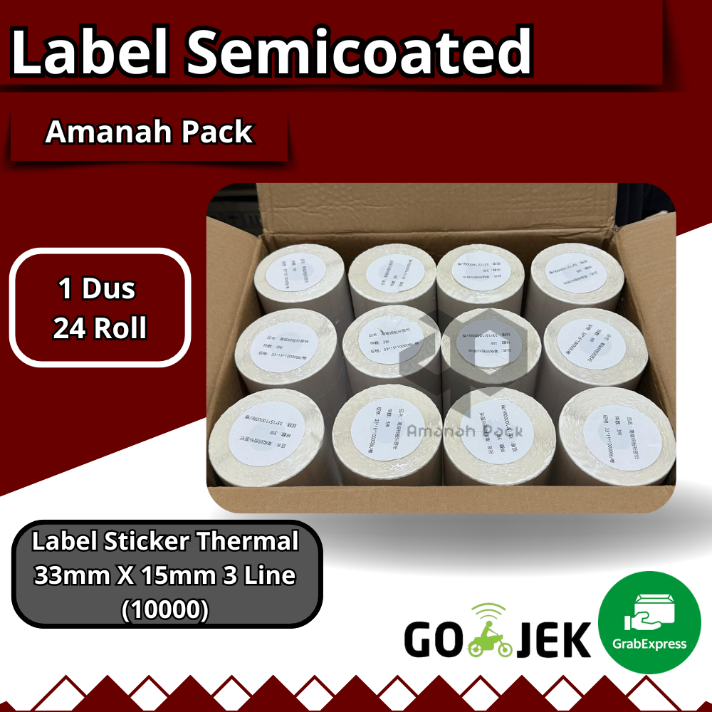 

LABEL SEMICOATED(BUKAN THERMAL) 33 x 15 mm 3 Line, (1 Dus isi 24 Roll ) Stiker Printer Barcode, Core 1 Inch isi 10000 Pcs