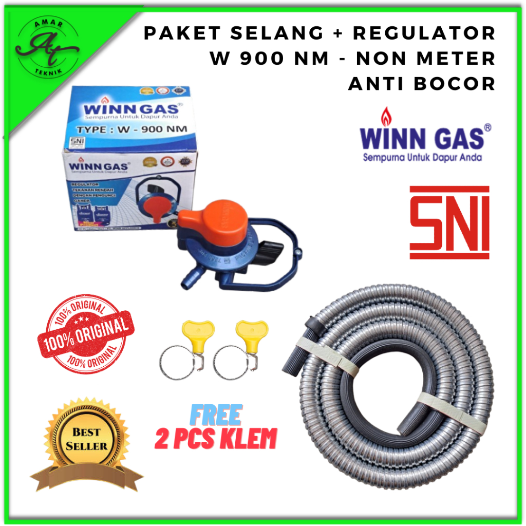 REGULATOR WINN GAS TIPE W 900 NM ANTI BOCOR TEKANAN RENDAH + SELANG 2 / 3 LAPIS  600 PSI FREE KLEM
