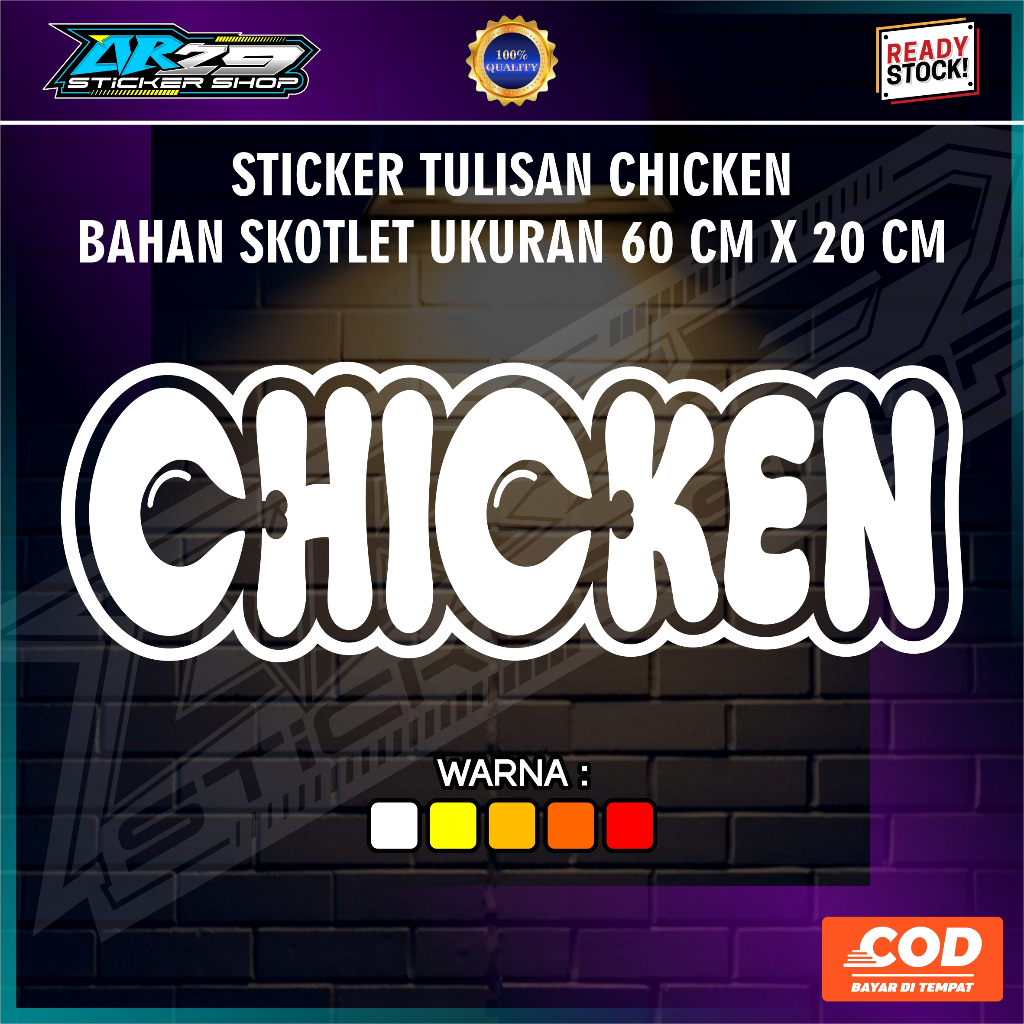 

Stiker cutting tulisan chicken bahan skotlet, untuk grobak/etalase jualan ukuran 60 cm x 20 cm