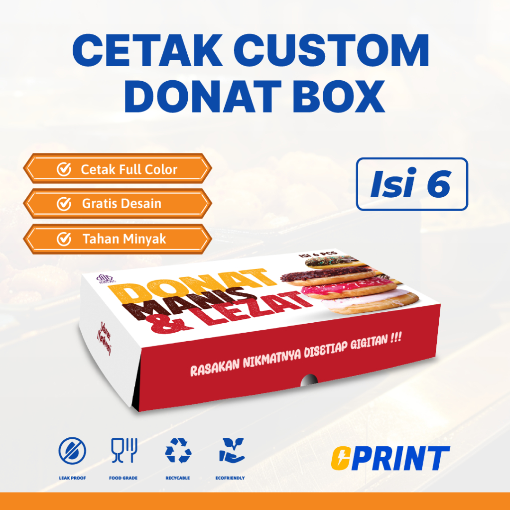 

Packaging Box Donat Isi 6 Custom Full Colour – Bahan Ivory 290gr