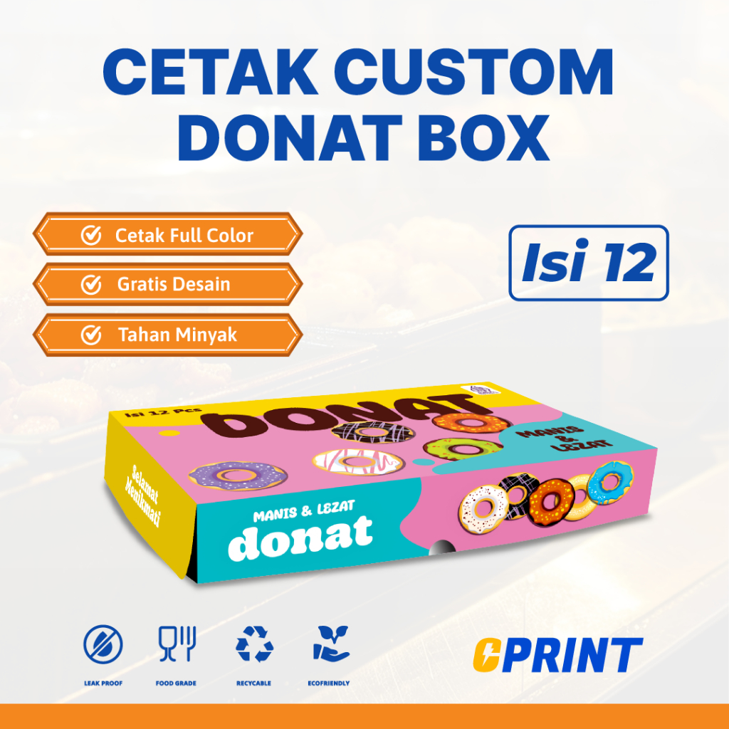 

Packaging Box Donat Isi 12 Custom Full Colour – Bahan Ivory 290gr