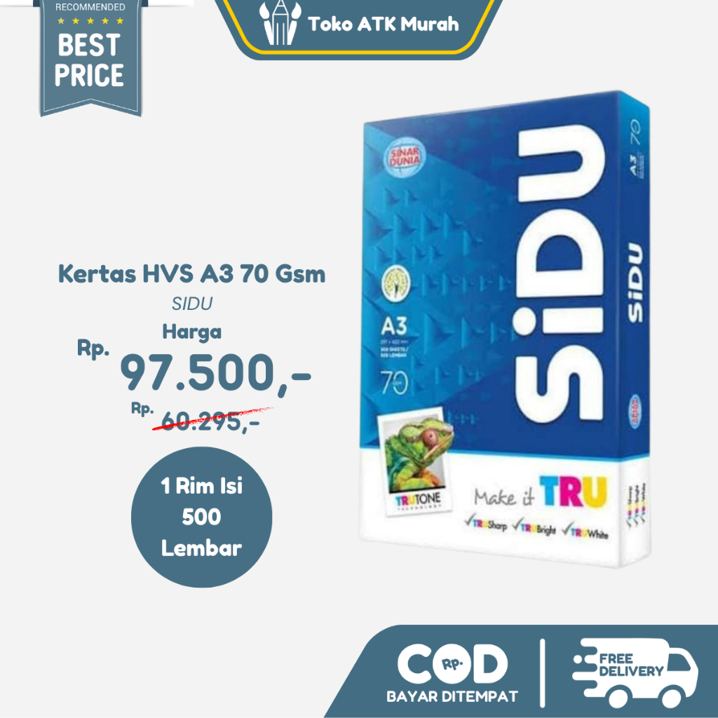 

Kertas HVS Sidu A3 70 / 75 Gram Sinar Dunia ( 1 Rim 500 Lembar ) Cocok untuk Print & Fotokopi