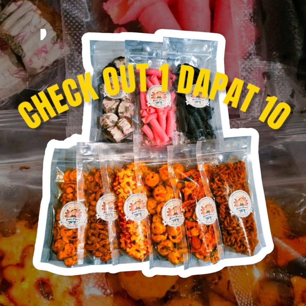

Aneka makanan ringan pedas + manis (check out 1 dapat 10 pcs)