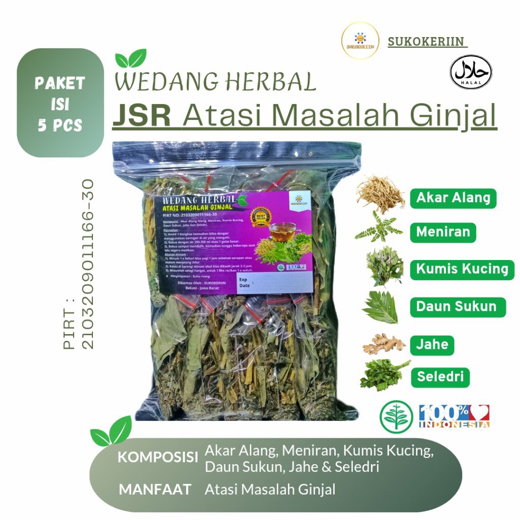 

Isi 5 pcs - JSR Wedang Akar Alang Meniran Kumis Kucing Daun Sukun Jahe dan Seledri Solusi Masalah Ginjal Herbal