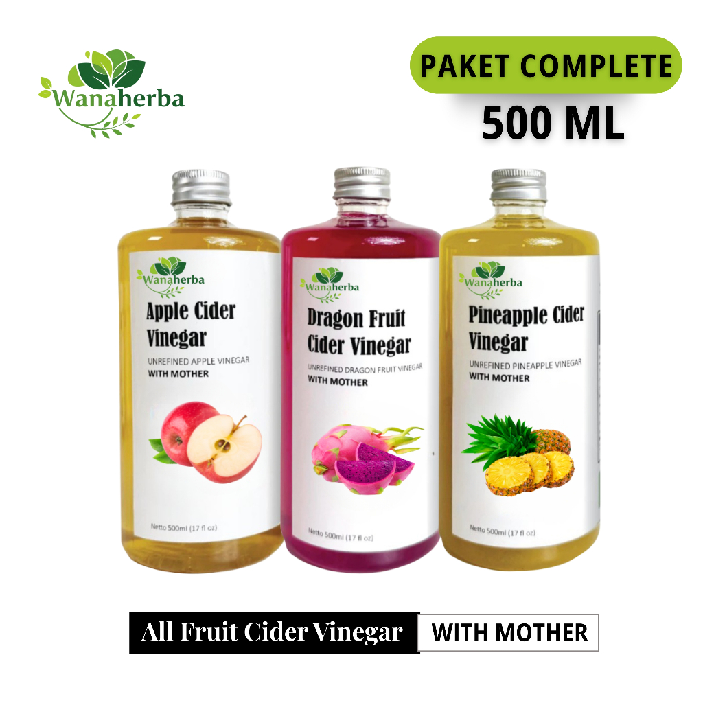 

Wanaherba Cuka Nanas + Cuka Apel + Cuka Buah Naga With Mother 500 ML Paket Complete 3 Botol