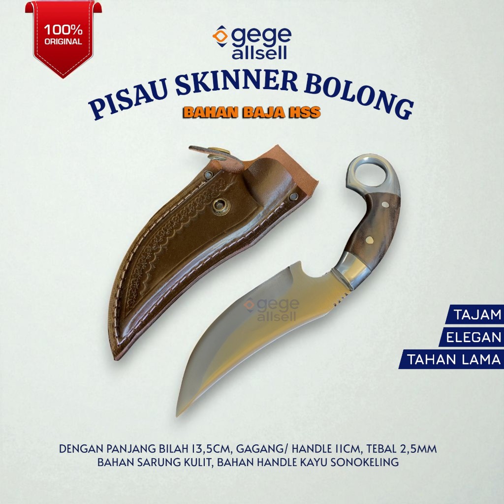 Pisau Skinner Sisit Kulit Baja Premium Handle Kayu Sonokeling Sarung Kulit Asli Cocok Untuk Jagal