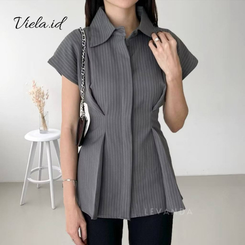 Alba Top / Atasan Wanita Lengan Pendek Pinstripe - Womens Fitted Button Up Top