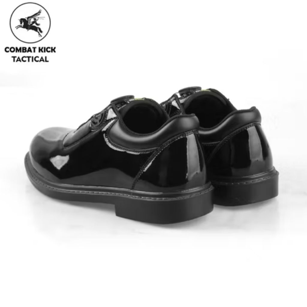Combat Kick Tactical Sepatu PDH TNI-POLRI Kilap Tali Putar Quick Lace Bahan Microlux Hitam Glosy Ins