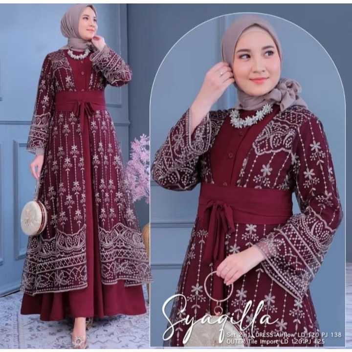 BLC Syaqila Set Dress Best Seller-Gamis Brokat Set Outher Terbaru 2025 Ceruty  Premiun Jumbo Lebaran