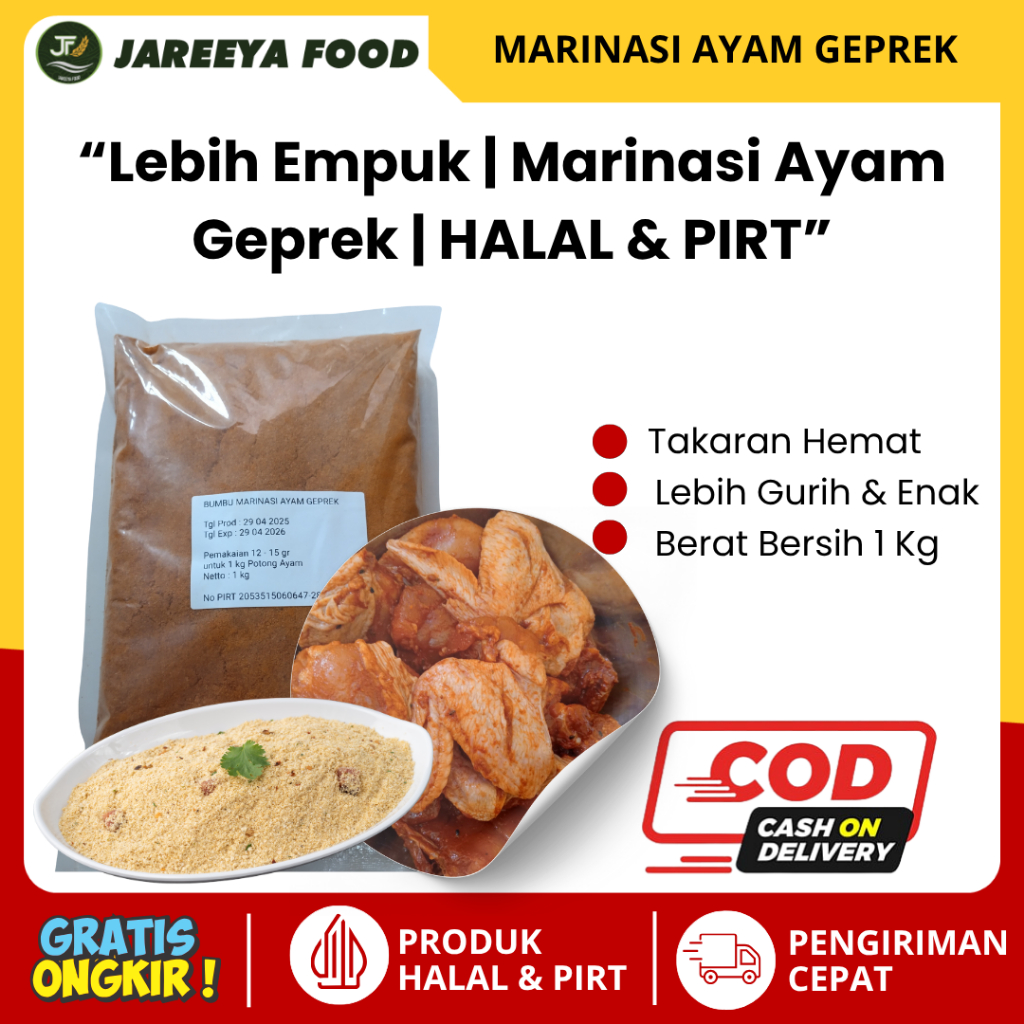 

Jareeya Food Bumbu Marinasi Ayam Geprek Krispi 1 kg Hemat – Halal & PIRT