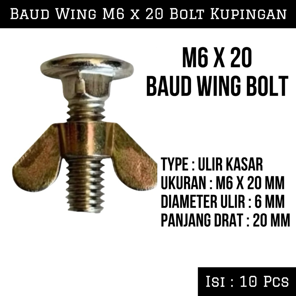 (10 PCS) M6 X 20 MM Wing Bolt Kupu / Butterfly / Kuping | Baud Wing Bolt