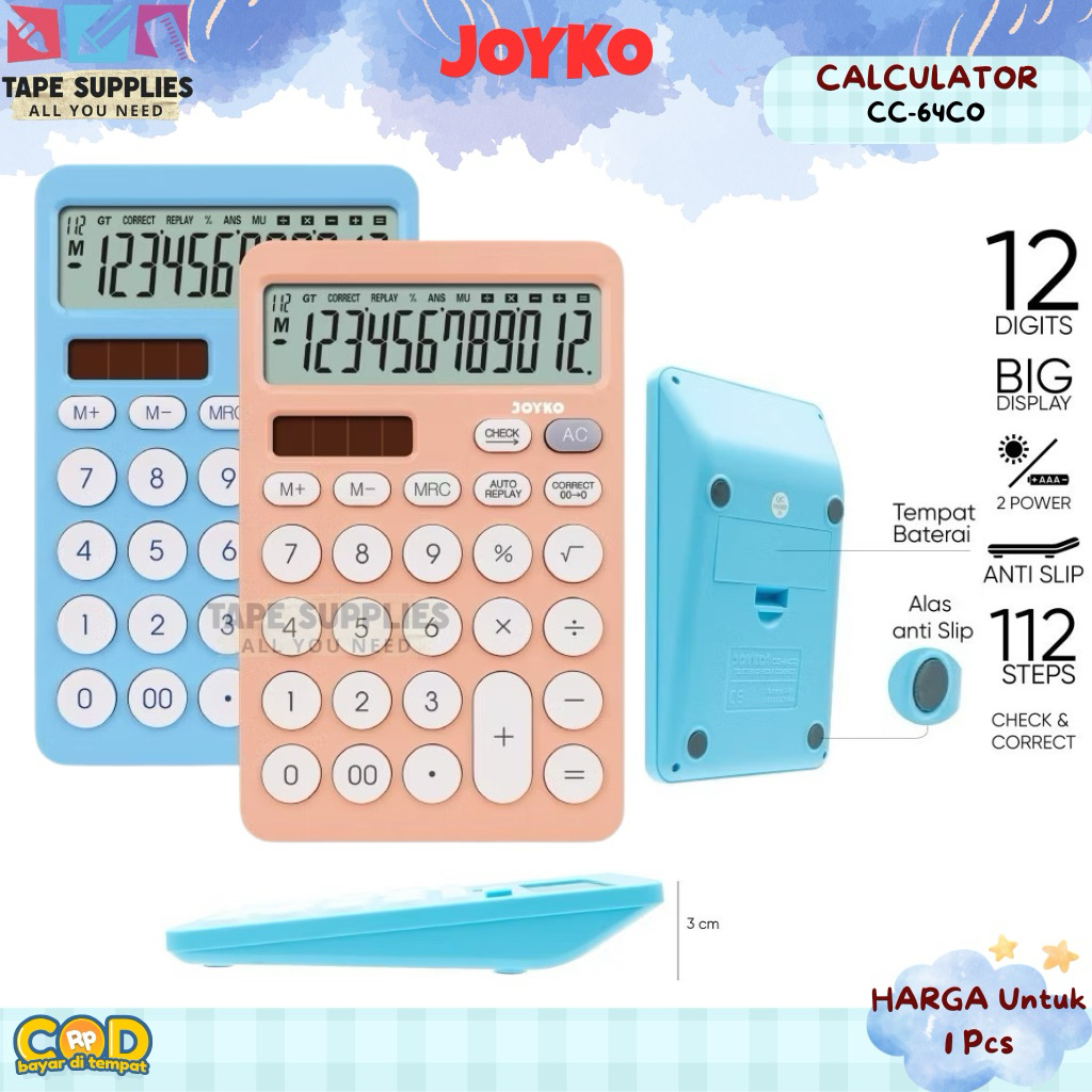 

WARNA PASTEL Kalkulator CC-64CO – 12 Digit Check & Correct, Dual Power Solar + Baterai, Anti Slip