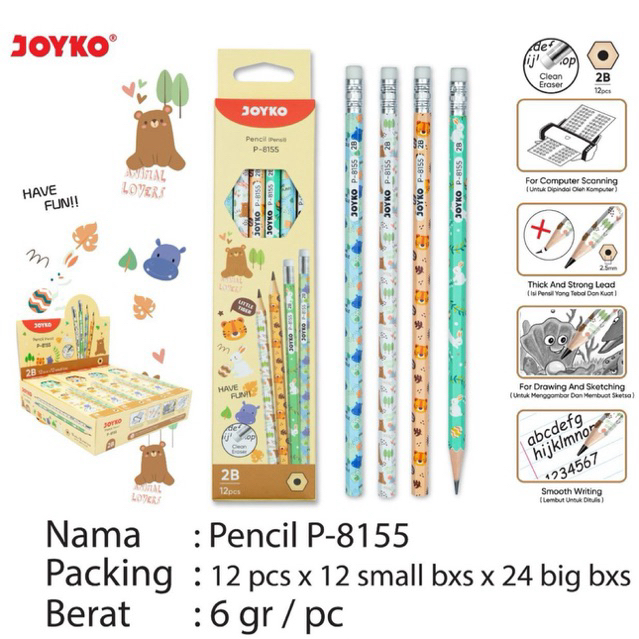 

( 12 pcs ) JOYKO P 8155 Pencil 2B terbaca di Komputer Ulangan / Sketch Drawing Pensil dengan Penghapus P-8155 P8155