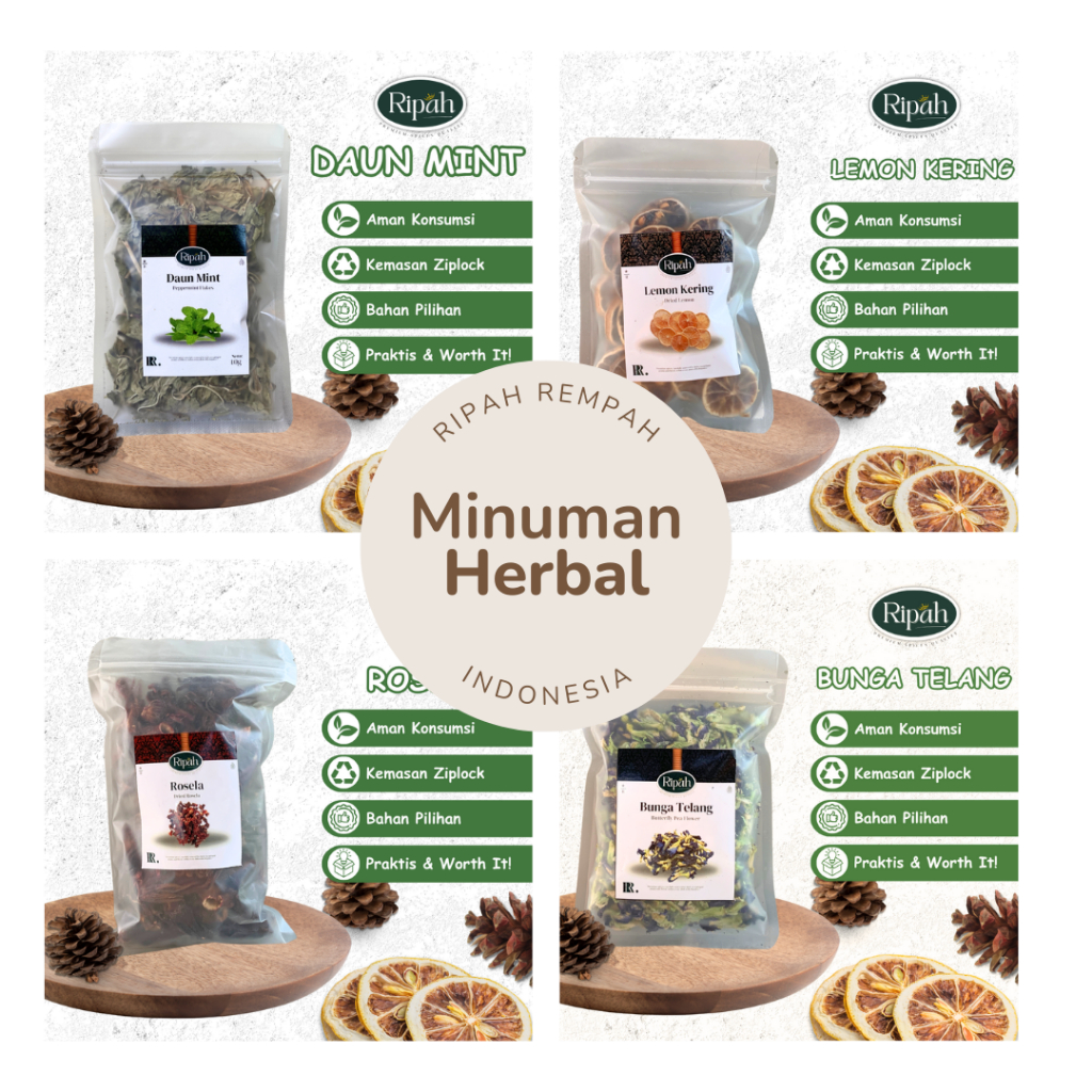 

Minuman Herbal / Daun Mint / Daun Stevia / Lemon Kering / Rosella / Bunga Telang / Chia Seed / Secang / Serai Bubuk / Ripah Rempah PREMIUM