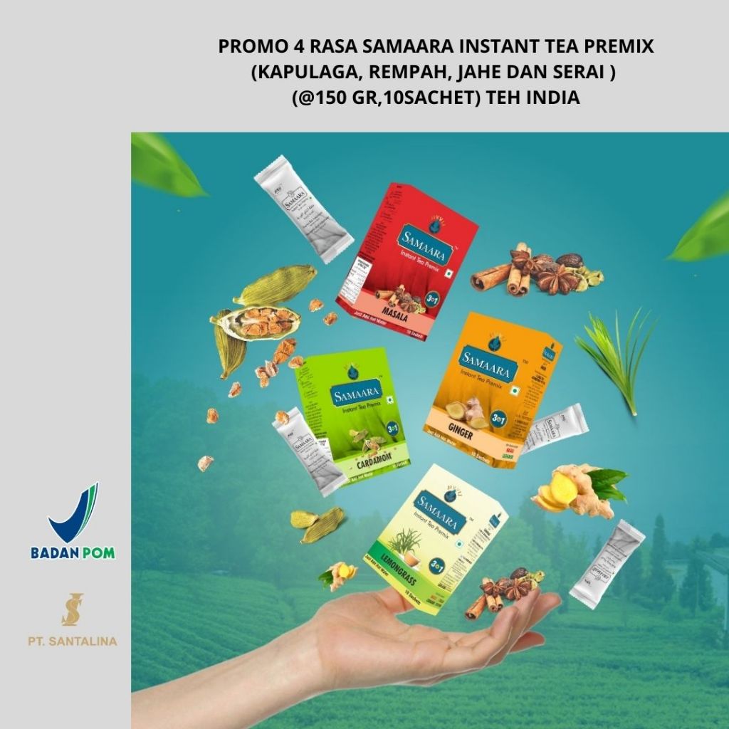 

SAMAARA INSTANT TEH PREMIX (KAPULAGA,JAHE,REMPAH, SERAI) (@150 GR, 10SACHET) PROMO 4 RASA TEH INDIA BAIK UNTUK KESEHATAN