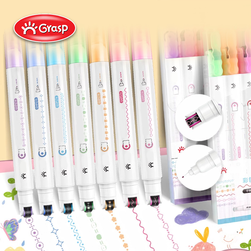 

GRASP Set Highlighter Dual Tip 6/8 Warna Pulpen Garis Roller Stamp Pattern Tip Pen Decorative Jurnal DIY GPWS003