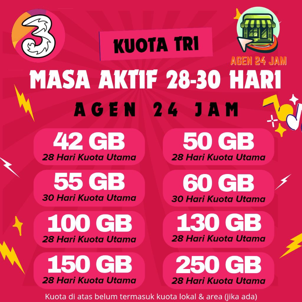 PAKET DATA TRI MASA AKTIF 28-30 HARI / KUOTA INTERNET TRI TERMURAH 24 JAM NOMINAL BESAR 42 - 250 GB