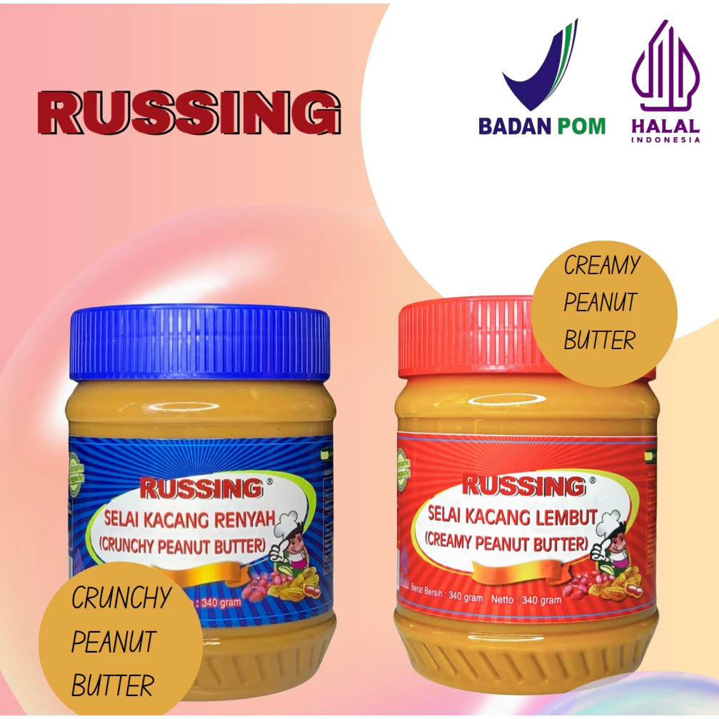 

Halal Russing Selai Kacang Peanut Butter Creamy Crunchy Selai Roti Bread 340gr