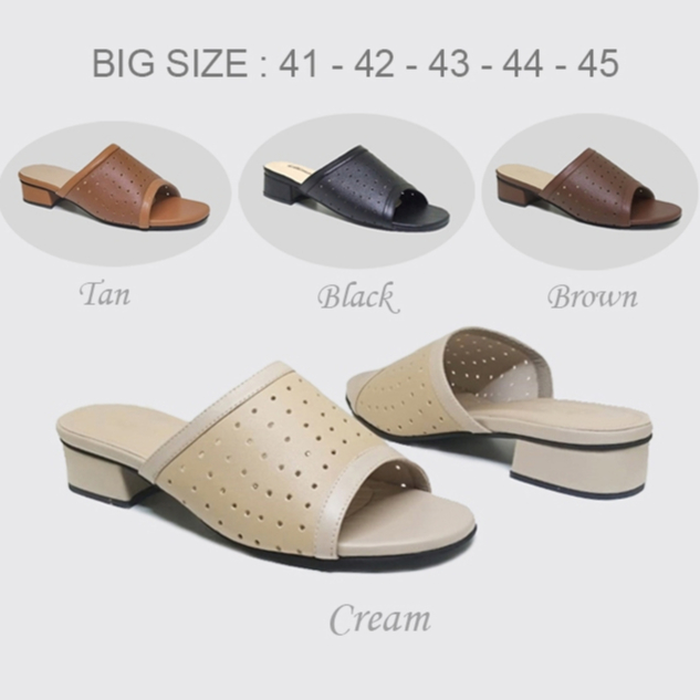 Sandal Hak Tahu Wanita 3cm Jasmine Sandal Slop Cream Ukuran Jumbo 41-42-43-44-45 Clogs Kondangan Ori