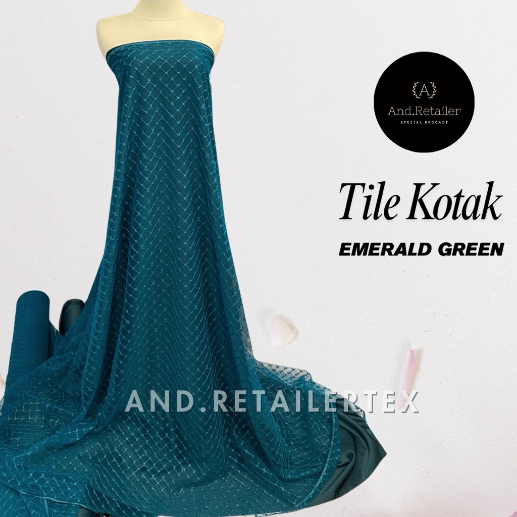 Bahan Kain Brokat Tile Kotak Bordir Warna Emerald Green dan Emerald Blue