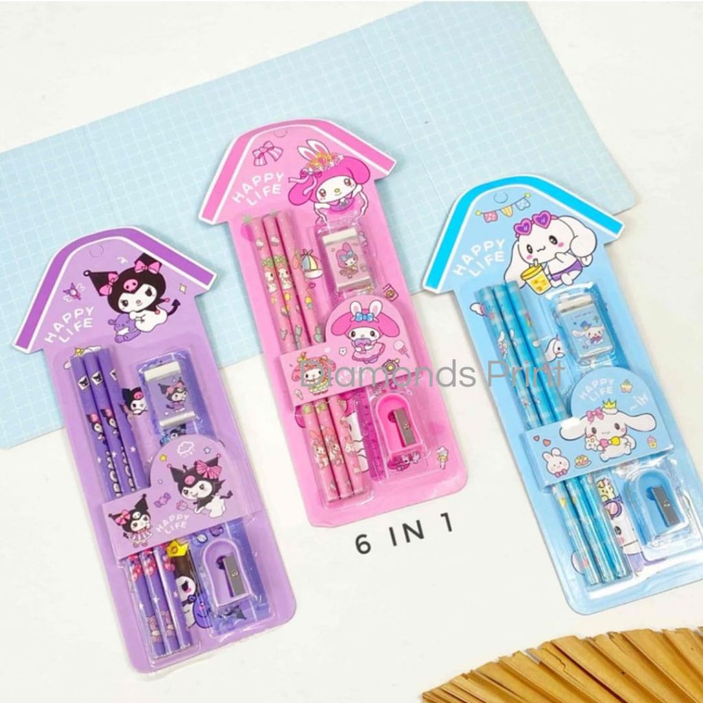 

6in1 Stationery Set Karakter Stitch Kuromi Melody | Set Alat Tulis Anak Sekolah