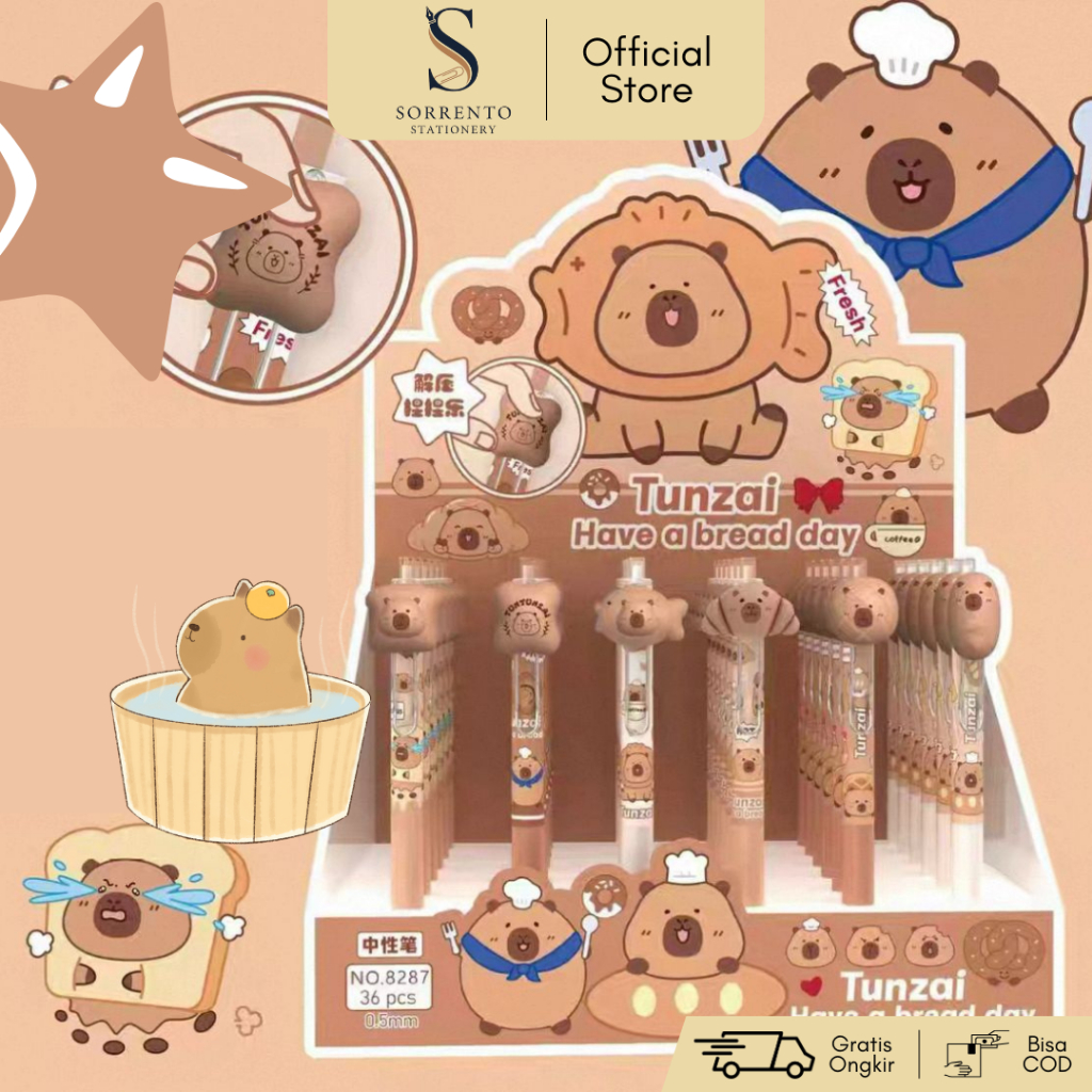Pulpen Cetek Squishy Roti Capybara - Pena Karakter Lucu