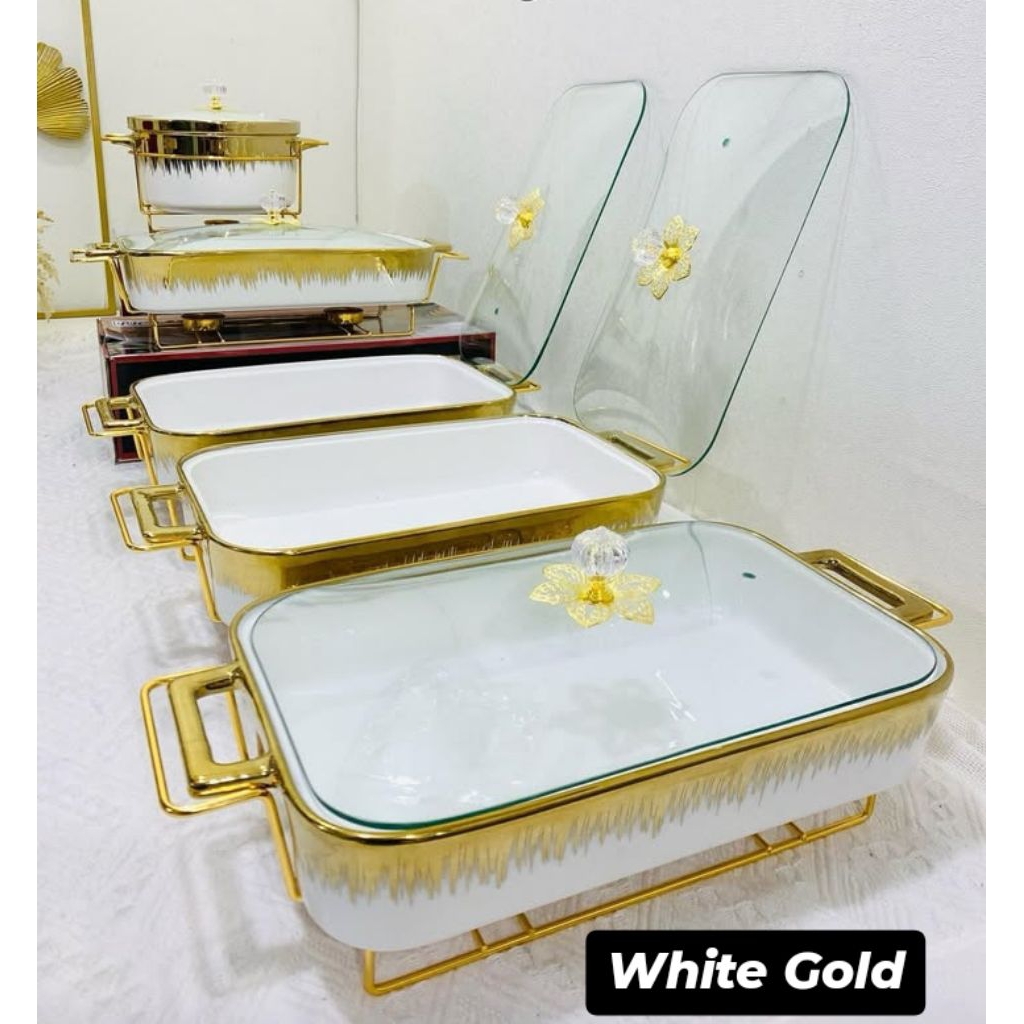 Prasmanan Keramik Sultan Set 4+1 Tutup Kaca Rak Gold