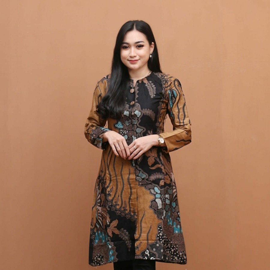Atasan Batik Muslimah Tunik Batik Wanita Lengan Panjang Syari Modern Kerja Kantor Terbaru B4