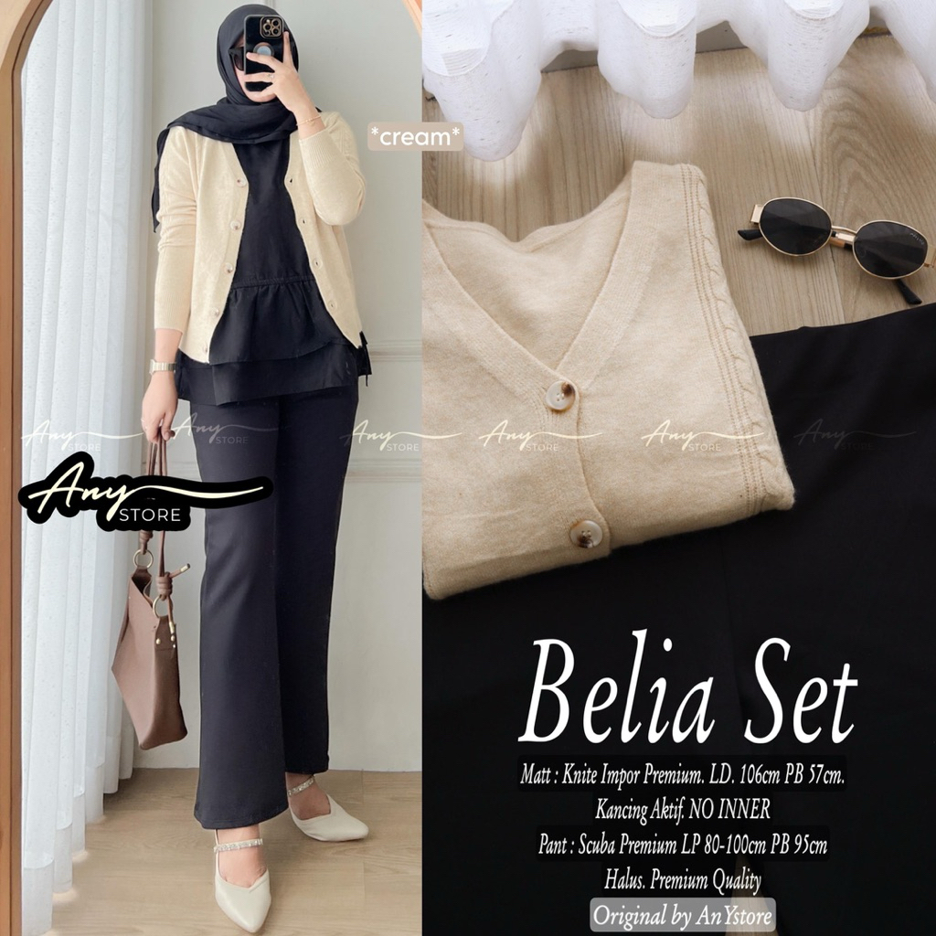 belia set by ANY cardigan rajut soft knit celana cutbray scuba