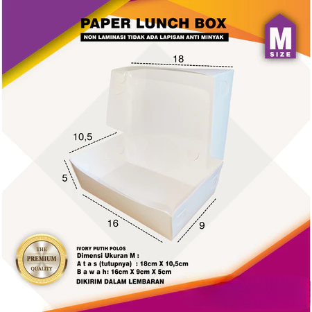 

Paper Lunch Dus Ivory Putih Polos Ukuran 16x9x5 Cm Box Take Away Non Laminasi