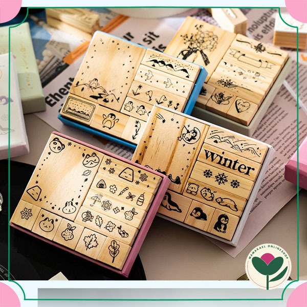 

1 set isi 9 pcs cute wooden stamp aesthetic cute stempel lucu DIY journaling scrapbook MK2022