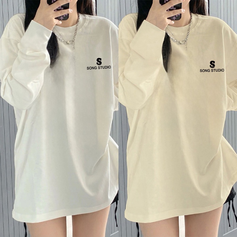 Kaos Oversize Lengan Panjang Wanita Cetakan SONG STUDIO Simple Letters/Baju Kaos Lengan Panjang Wani