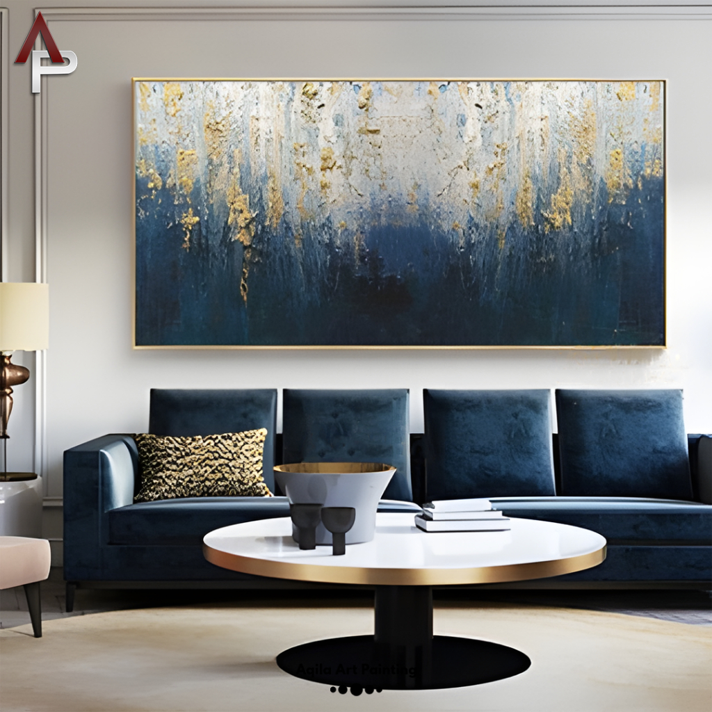 

Lukisan Dinding Abstrak Blue & Gold 70 x 130 cm | Termasuk Frame | 100% Handmade