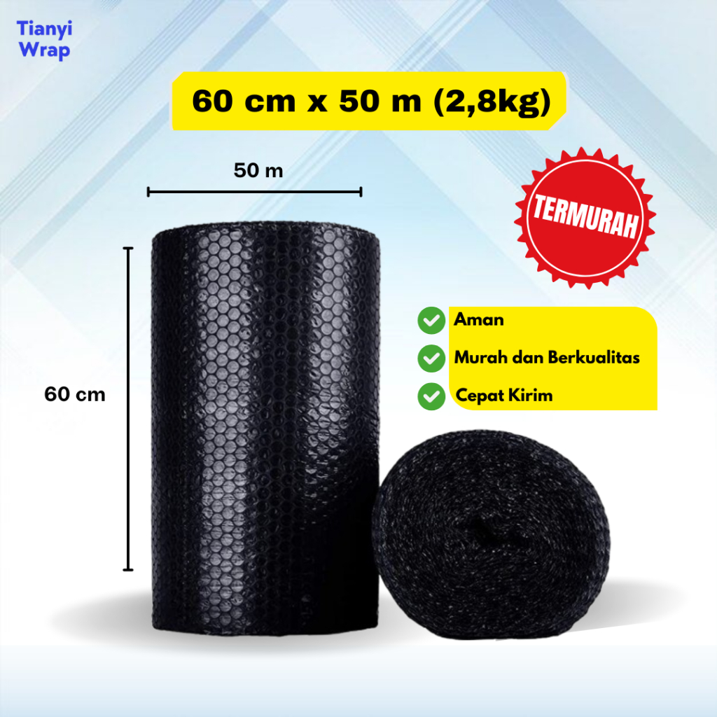 

Bubble Wrap Hitam Berat 2,8kg | 60cm x 50meter | ROLL | Bahan Tebal dan Murah.