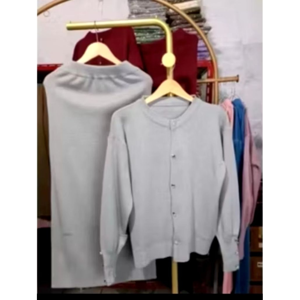 One Set Cardigan Aira dan Rok span Rajut - stelan baju rajut wanita